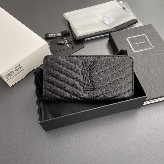 Yves Saint Laurent Matelasse Grain Leather Zip-around Wallet 358094 Black Hardware
