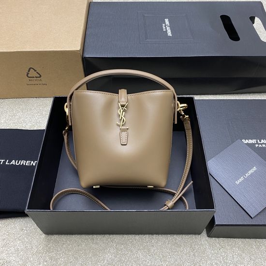 Yves Saint Laurent LE 37 Mini Glossy Leather Bucket Bag Dark Wood 765870