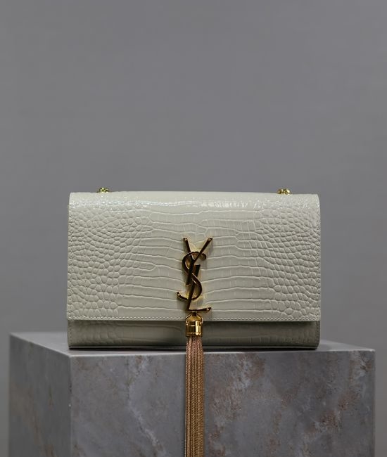 Yves Saint Laurent YSL Kate Tassel Bag White Gold Crocodile 354119