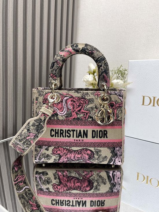 Christian Dior Lady Christian Dior Apricot Red Tiger Embroidery Bag 11693