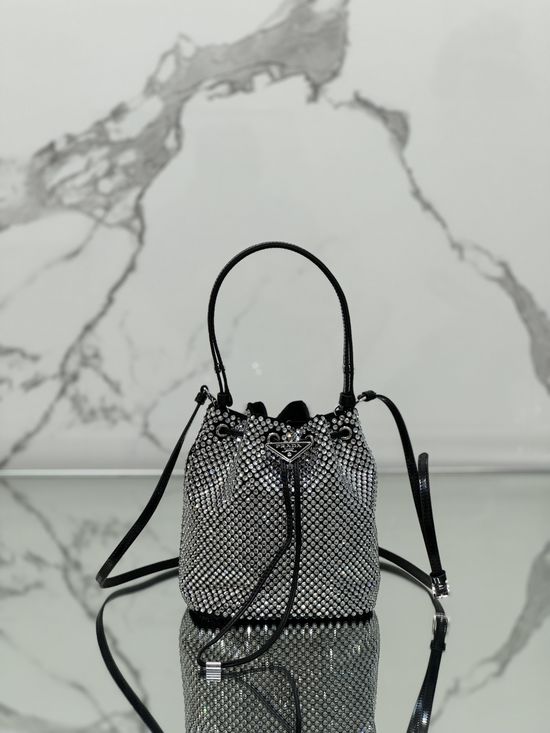 Prada Crystal Embellished Satin Bucket Bag 1BE067