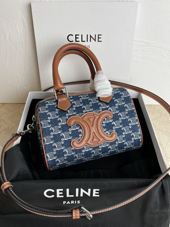 Celine Cuir Triomphe Denim Leather Boston Bag 197582