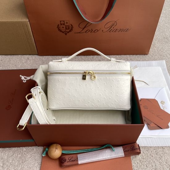 Loro Piana Extra Pocket White Ostrich Pattern Bag FAN4199