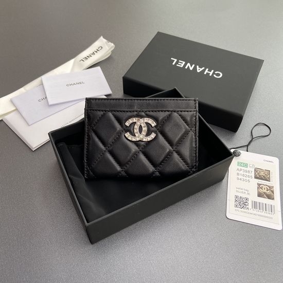 Chanel Black Lambskin Card Wallet Compact Size AP3987