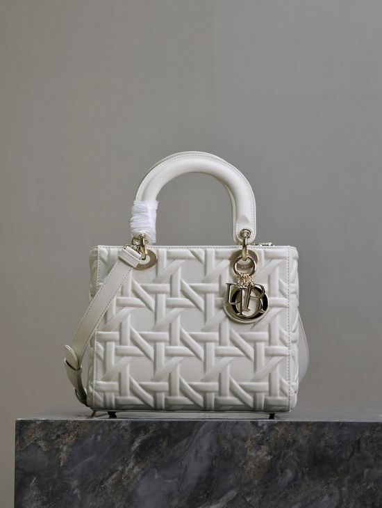 Christian Dior Lady Christian Dior White Embossed Handbag 0565