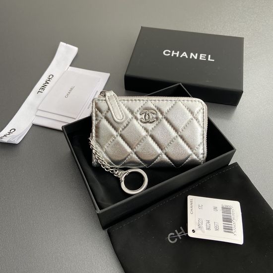 Chanel Zipper Card Holder Quilted Chain Silver Hardware 0221
