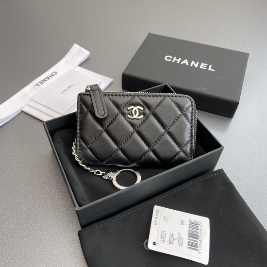 Chanel Zipper Card Holder Quilted Chain Silver Hardware 0221