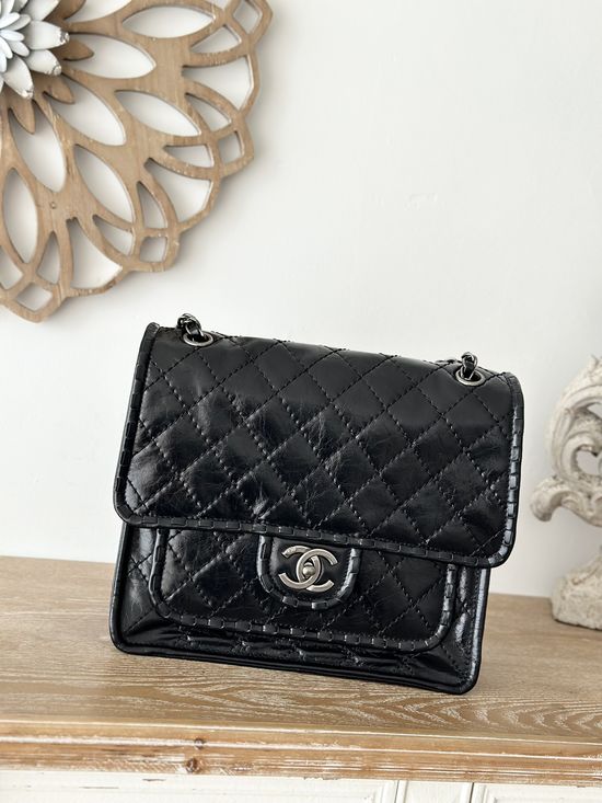 Chanel Vintage Resin Leather Flap Tofu Bag 2225 Black