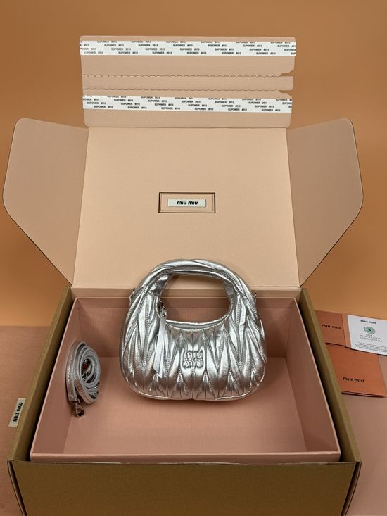 Miu Miu Wander Matelasse Mini Hobo Bag in Silver 5BP078