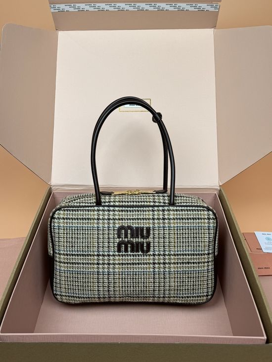 Miu Miu IVY Plaid Tote Bag with Leather Logo 5BB163