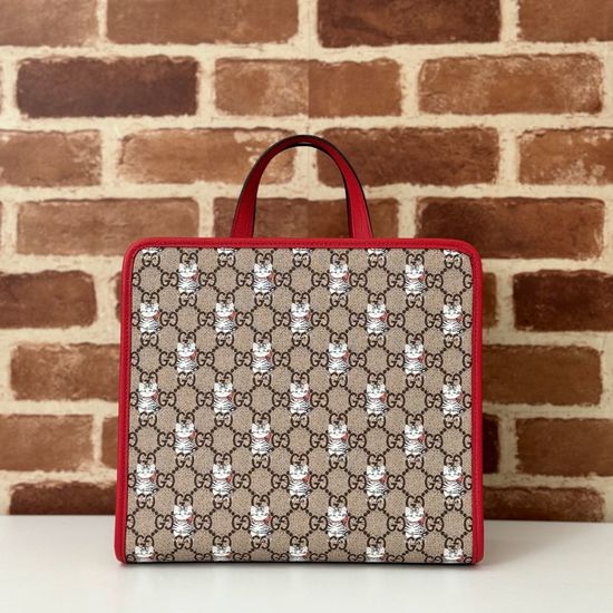 Gucci Cat Print Red Leather Handbag 605614