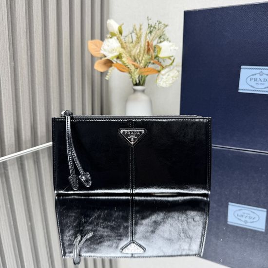 Prada Leather Pouch Enamel Logo Zipper Closure 3627