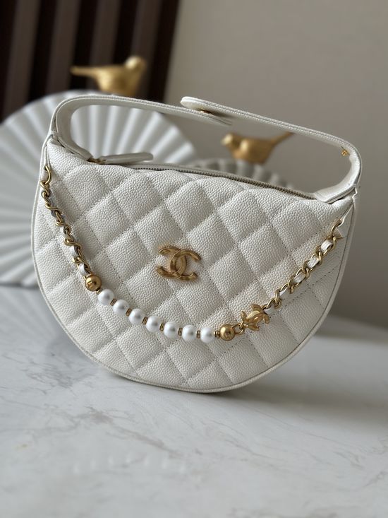 Chanel Pearl Buckle Half-moon Clutch 66046 White