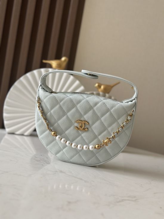 Chanel Pearl Buckle Half-moon Clutch 66046 Blue