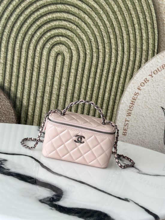 Chanel 23K Rhinestone Handle Vanity Case 66056 Pink