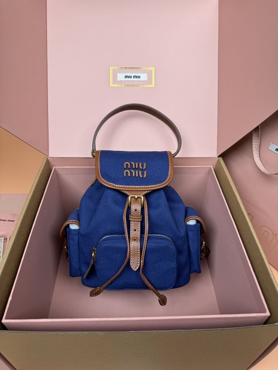Miu Miu Campus Style Canvas and Leather Backpack Blue _5BZ043