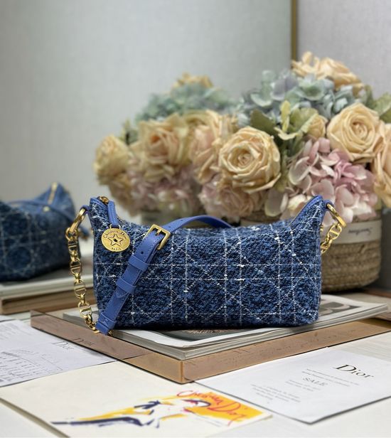 Christian Dior Christian Diorstar Hobo Blue Tweed Chain Bag 3202