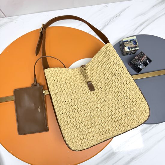 Yves Saint Laurent Rose Raffia Weave Hobo Leather Bag 753837