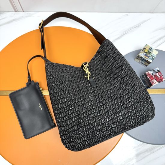 Yves Saint Laurent Rose Black Raffia Weave Hobo Bag 753837