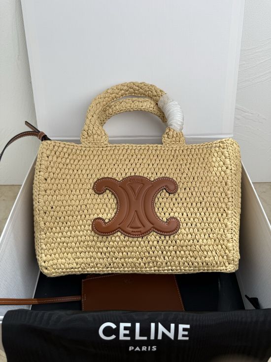 Celine Cabas Thais Woven Leather Trim Tote 116302
