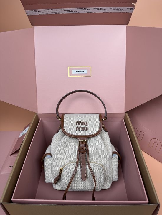 Miu Miu Campus Style Canvas and Leather Backpack White _5BZ043