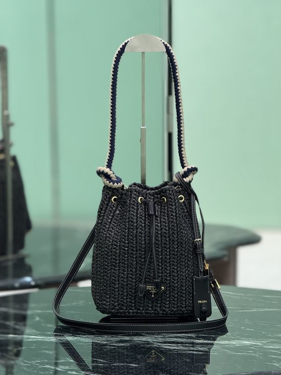 Prada Woven Straw Cotton Rope Bucket Bag 1BE068