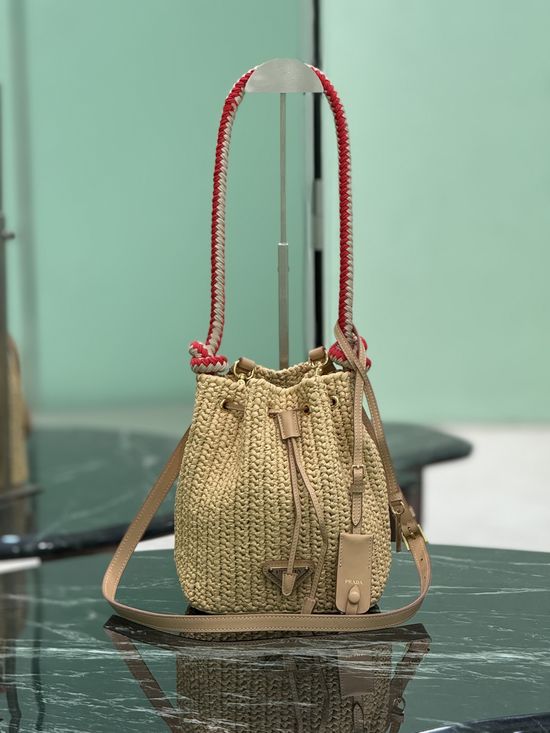 Prada Woven Straw Cotton Rope Bucket Bag 1BE068