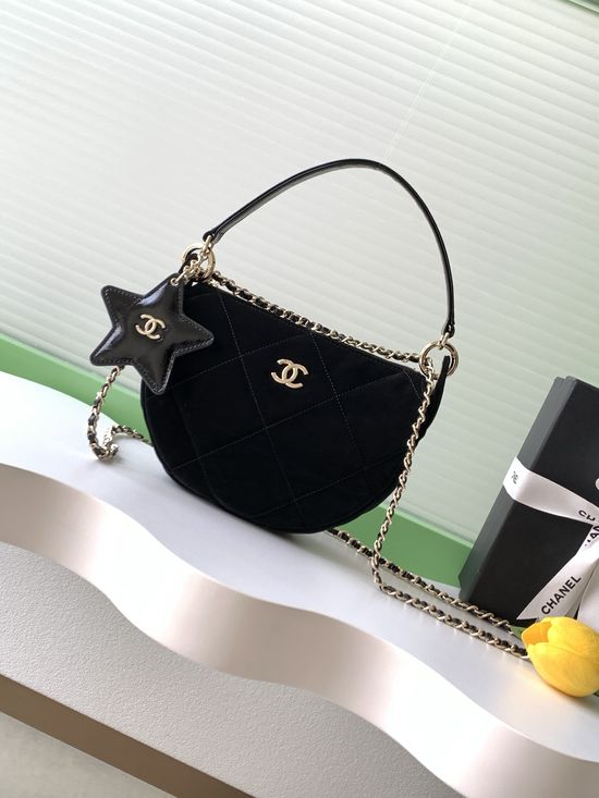 Chanel Black Velvet Crescent Bag with Star Mirror Charm AP4891