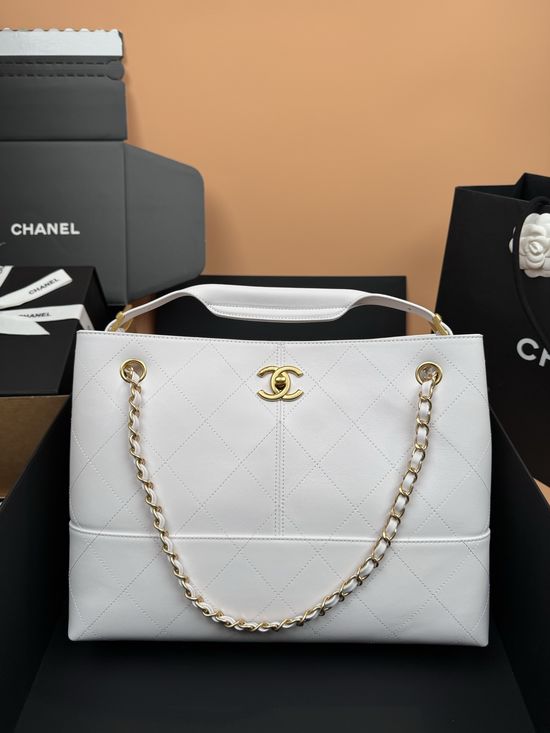 Chanel Hobo Shopping Bag Quilted White Calfskin 5634