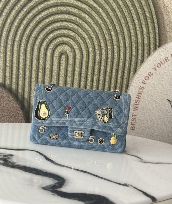 Chanel Vintage Denim Shoulder Bag with Badges 25cm
