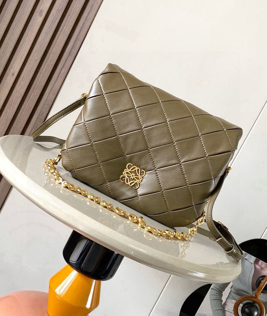 Loewe Puffer Goya Pleated Khaki Leather Bag 9076
