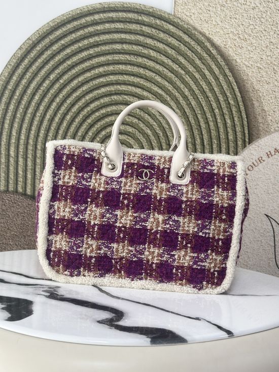 Chanel Beach Bag Purple Plaid Wool Large