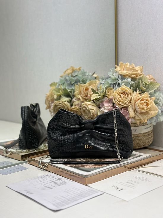 Christian Dior LAMBSKIN Crocodile Black Chain Bag 0714