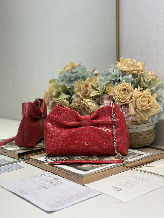 Christian Dior LAMBSKIN Crocodile Red Chain Bag 0714
