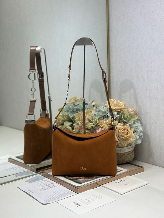 Christian Dior Handbag Brown Velvet Leather Light Gold Buckle 1411