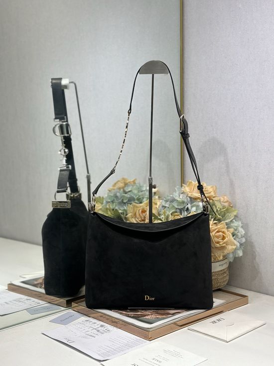 Christian Dior Handbag Black Velvet Leather Light Gold Buckle 1412