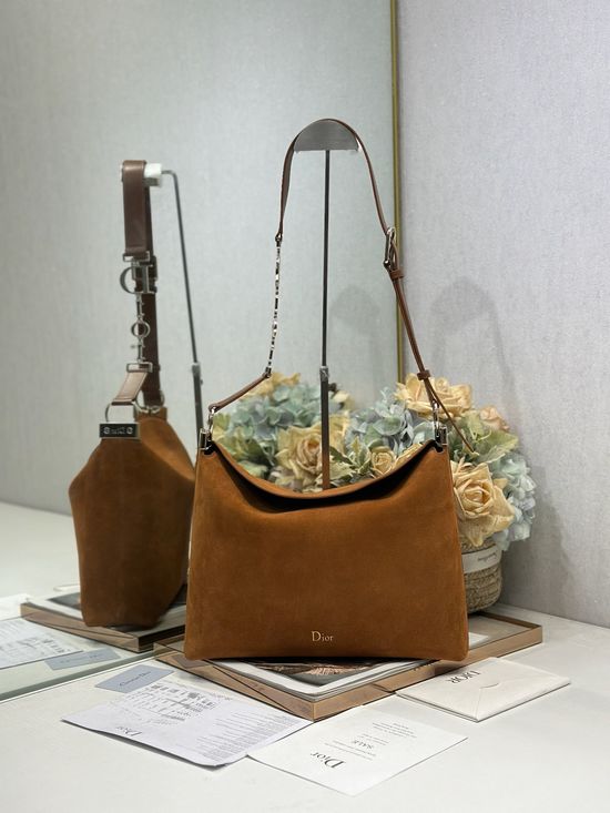 Christian Dior Medium Handbag Brown Fleece Leather Gold Buckle 1412