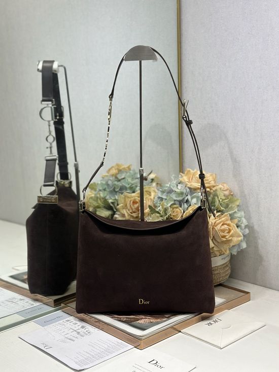 Christian Dior Medium Handbag Coffee Fleece Leather Gold Buckle 1412