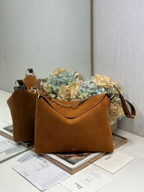 Christian Dior Large Handbag Brown Fleece Leather 1414