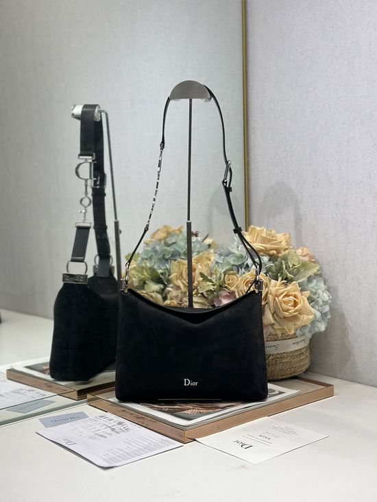 Christian Dior Handbag Black Velvet Stitched Silver Buckle 1411