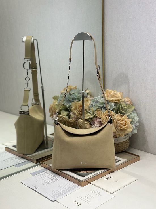 Christian Dior Handbag Apricot Velvet Spliced Leather Silver Buckle 1411