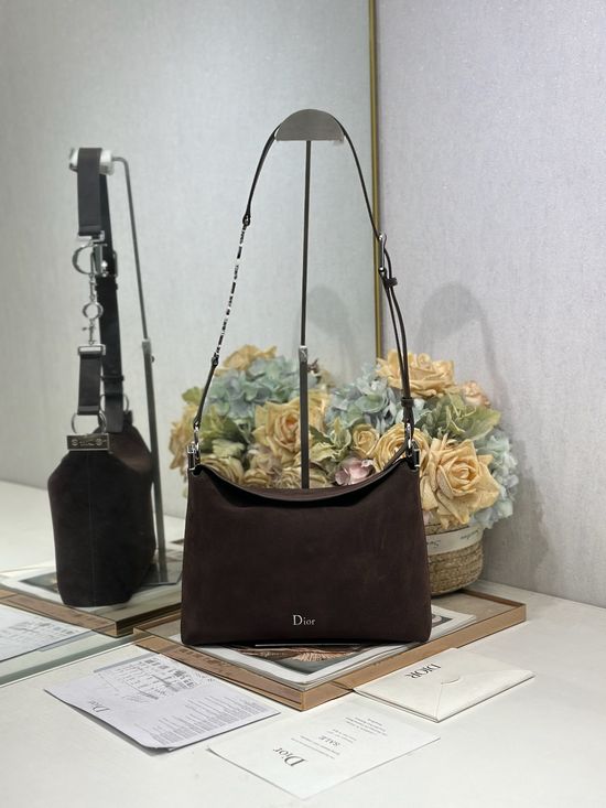 Christian Dior Handbag Coffee Velvet Spliced Leather Silver Buckle 1411