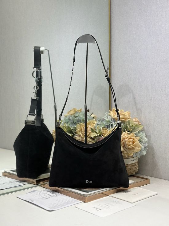 Christian Dior Handbag Black Velvet Spliced Leather Silver Buckle 1412