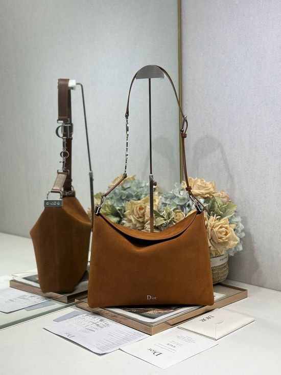 Christian Dior Medium Handbag Brown Suede Leather Silver Buckle 1412