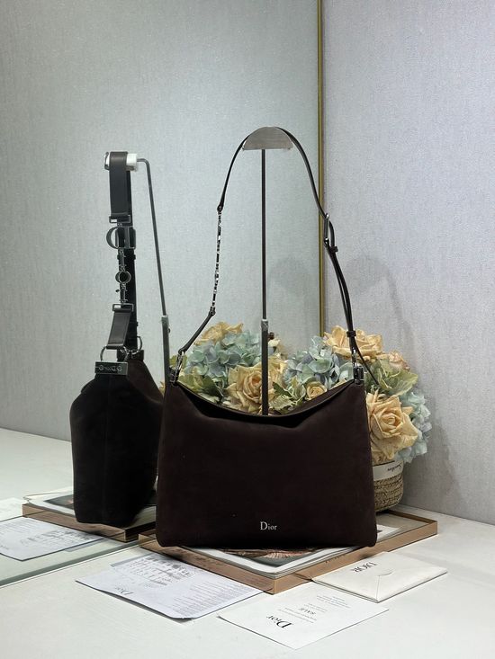 Christian Dior Medium Handbag Coffee Suede Leather Silver Buckle 1412