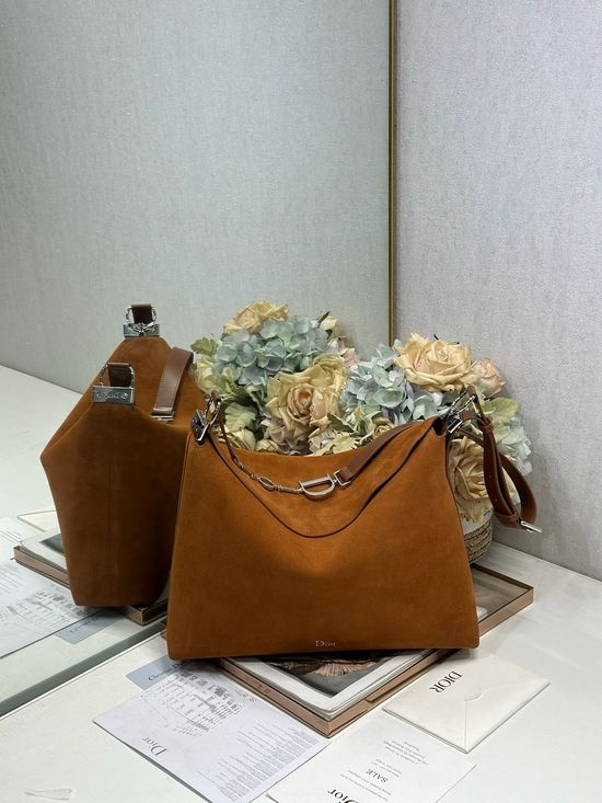Christian Dior Large Handbag Brown Velvet Leather Silver Buckle 1414