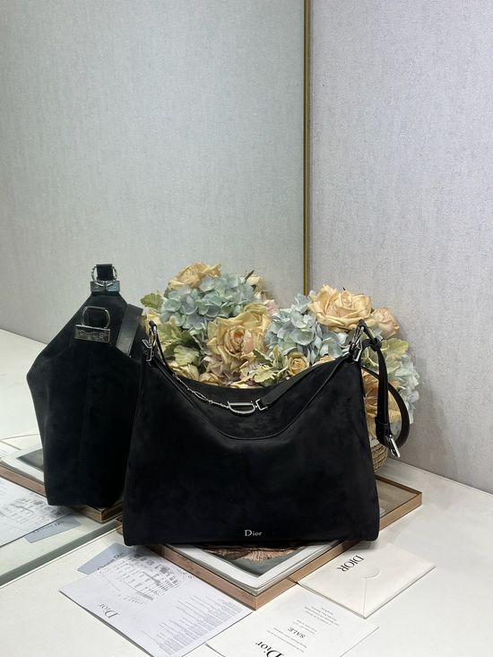 Christian Dior Large Handbag Black Velvet Leather Silver Buckle 1414