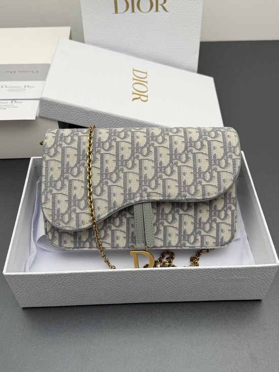 Christian Dior Saddle Chain Jacquard Grey Bag S5907
