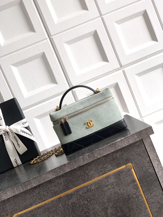 Chanel Lunch Bag Suede Stitch Dusty Blue 5186
