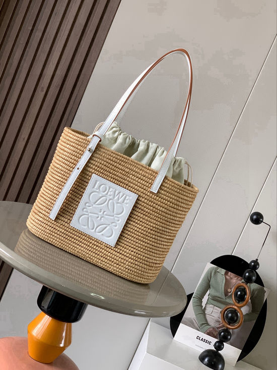 Loewe Basket Raffia Leather Handbag 8001 White